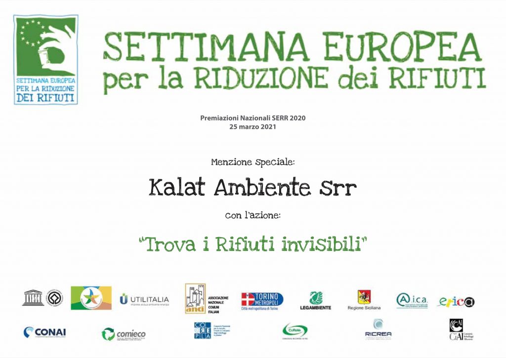 una foto dell'attestato ricevuto da kalatambiente srr per la settimana europea dei rifiuti 2021