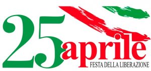 scritta 25 in verde e aprile in rosso e sotto festa della liberazione e in alto a destra c'è un accenno con i colori della bandiera italiana