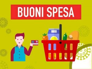 scritta "buono spesa" e una persona con un cestino con dentro vari oggetti di generi alimentarli