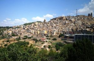 veduta di Caltagirone con in primo piano cespugli e il lontananza molte case